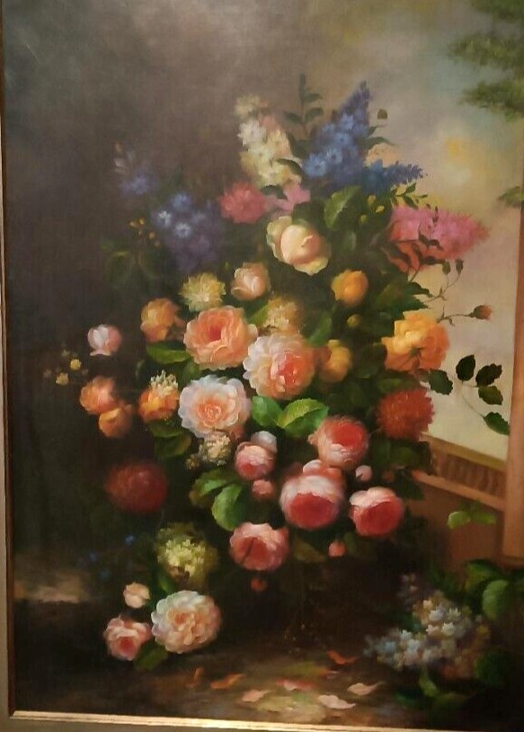 Grande peinture à l'huile sur toile nature morte fleurs Arcangelo Monzio Compagnoni-photo-3