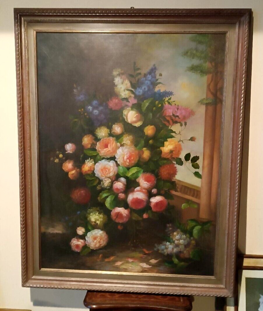 Grande peinture à l'huile sur toile nature morte fleurs Arcangelo Monzio Compagnoni