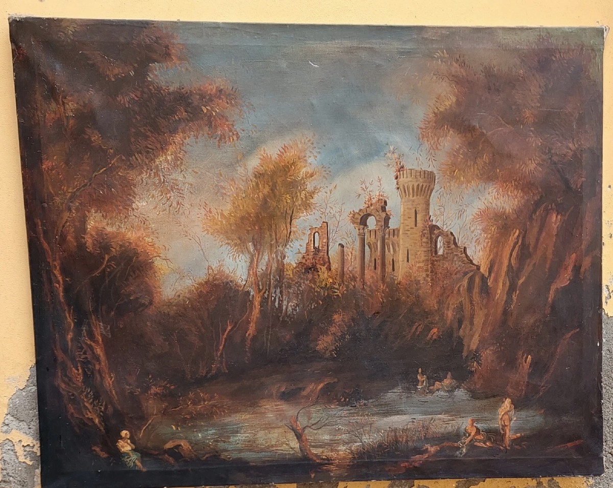 Antique Oil Painting On Canvas Landscape With Ruins And Characters 121x98 Cm-photo-2