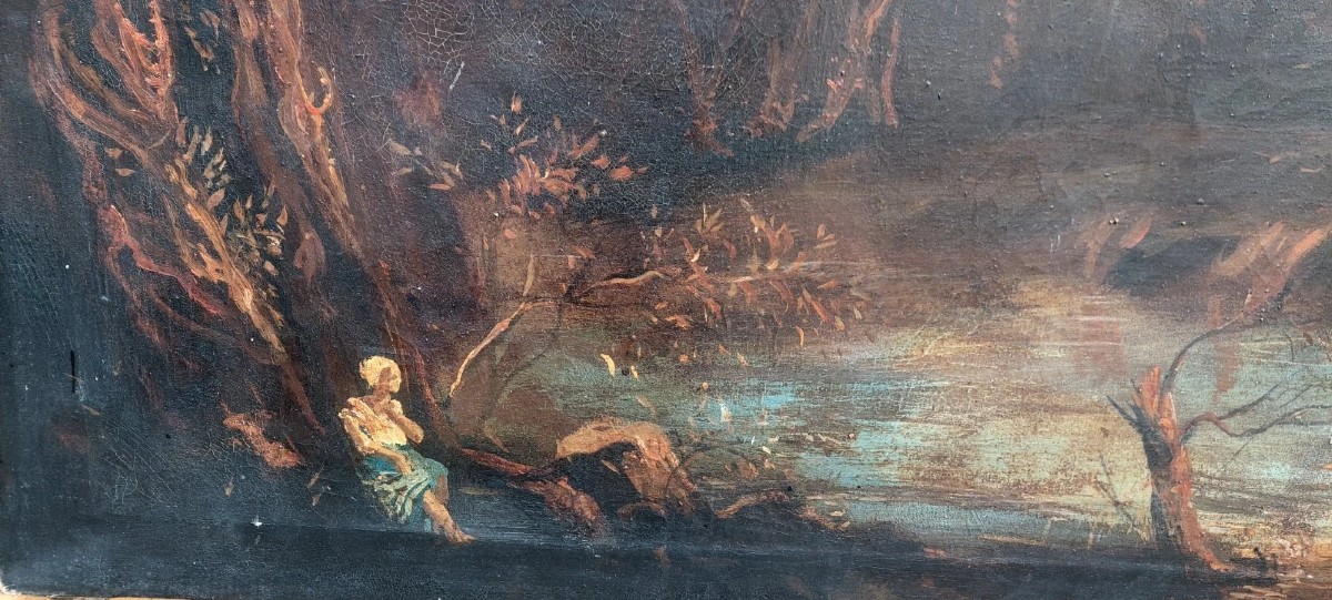 Antique Oil Painting On Canvas Landscape With Ruins And Characters 121x98 Cm-photo-4