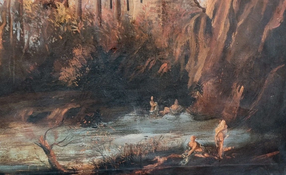 Antique Oil Painting On Canvas Landscape With Ruins And Characters 121x98 Cm-photo-1