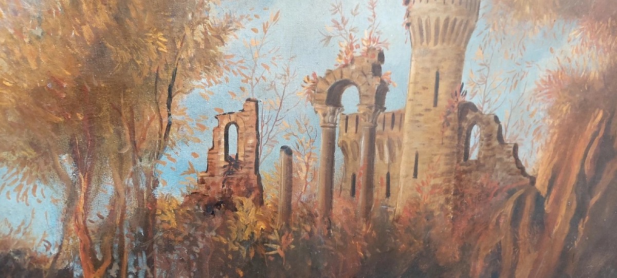 Antique Oil Painting On Canvas Landscape With Ruins And Characters 121x98 Cm-photo-2