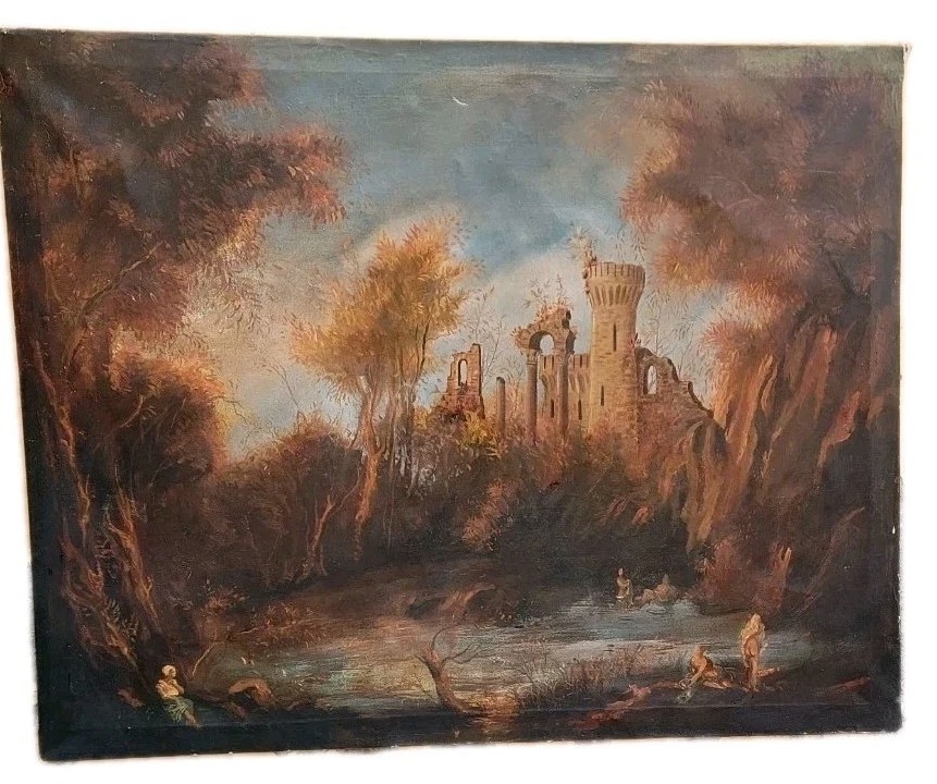 Antique Oil Painting On Canvas Landscape With Ruins And Characters 121x98 Cm