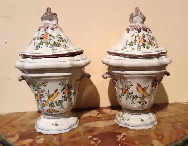 Pair Of Decorated Majolica Vases, 18th Century, France-photo-2