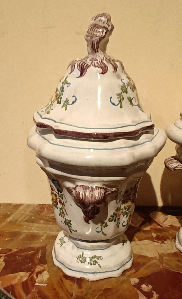 Pair Of Decorated Majolica Vases, 18th Century, France-photo-4