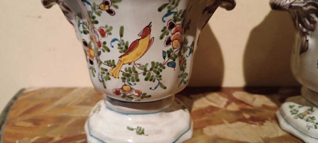 Pair Of Decorated Majolica Vases, 18th Century, France-photo-5