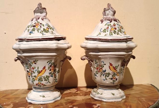 Pair Of Decorated Majolica Vases, 18th Century, France