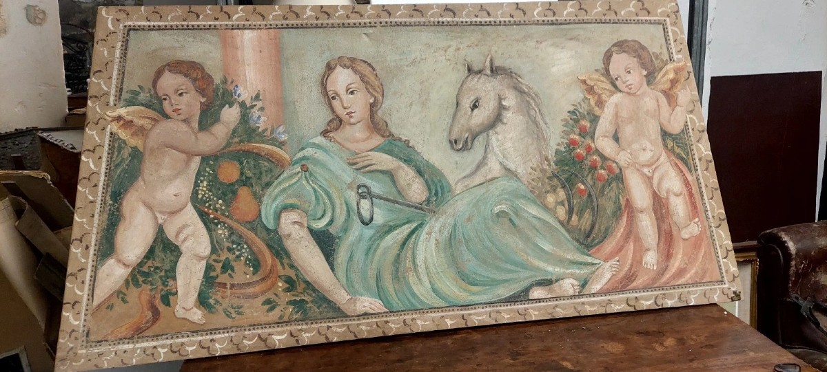 Allegory Large Panel Painted In Tempera On Canvas Decorative 170x80 Cm0-photo-3