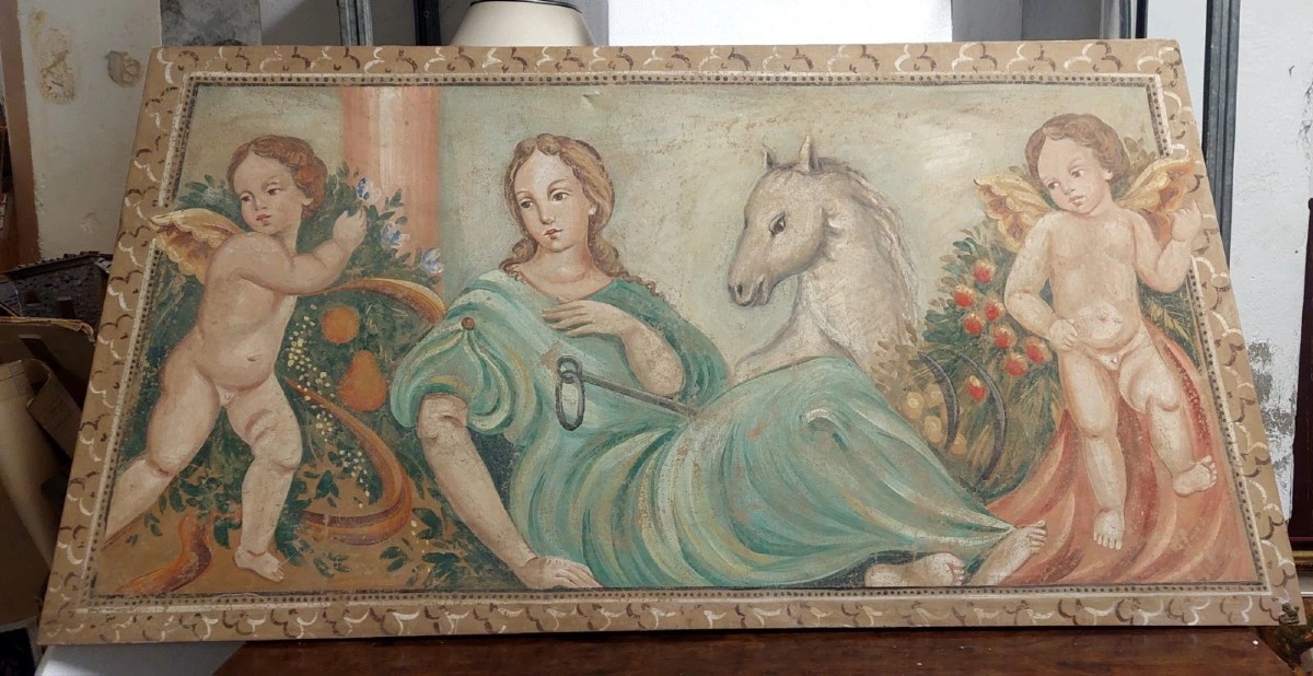 Allegory Large Panel Painted In Tempera On Canvas Decorative 170x80 Cm0