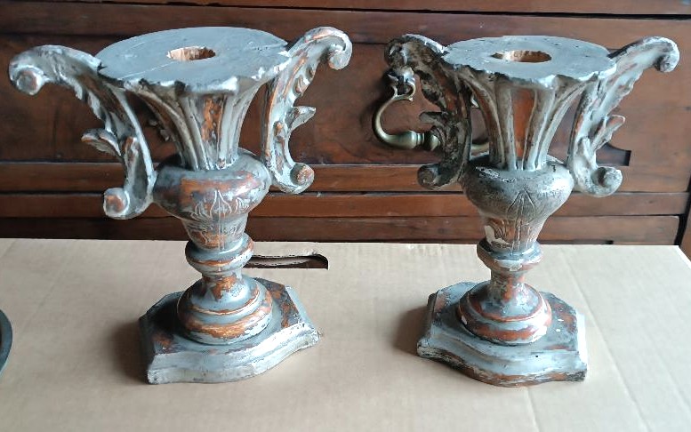 Antique Pair Of Palm Candlesticks - In Silver-plated Wood-photo-2