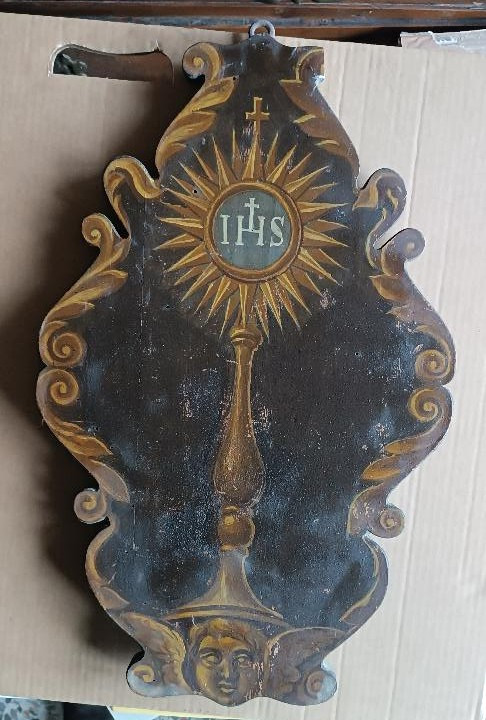 Panneau peint ancien représentant le symbole religieux de l'IHS-photo-2