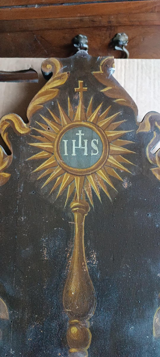 Panneau peint ancien représentant le symbole religieux de l'IHS-photo-3