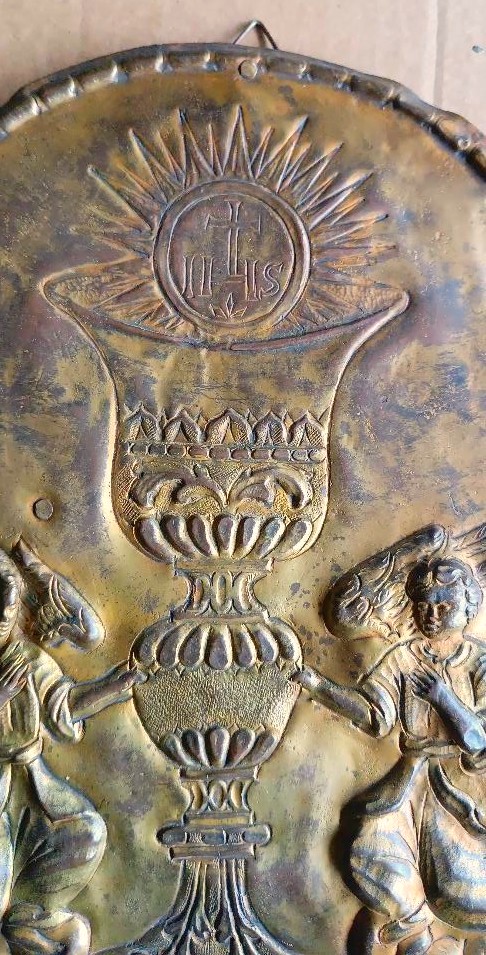 Antique Tabernacle Door - Baroque Gilded Copper Embossment-photo-4