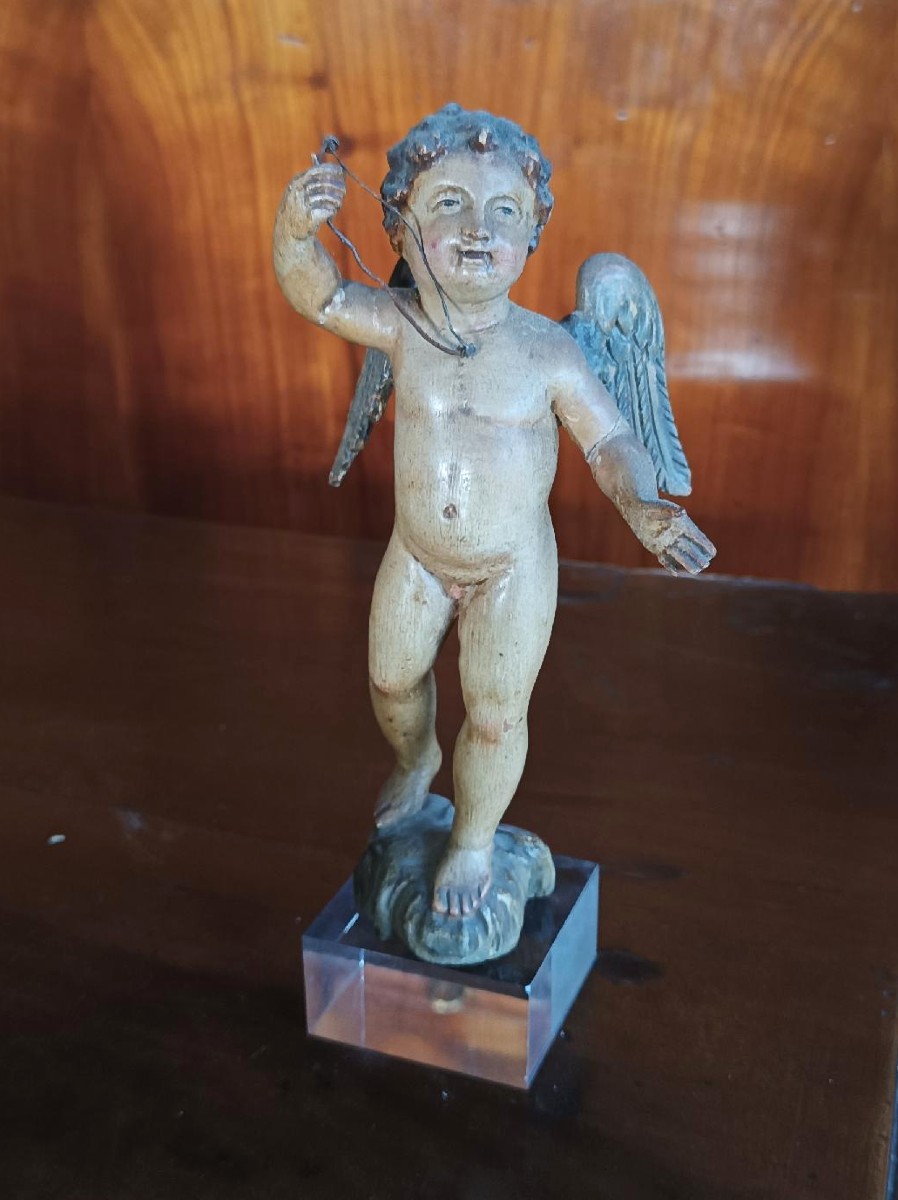 Antique Small Polychrome Wooden Cherub - Italy, 18th Century