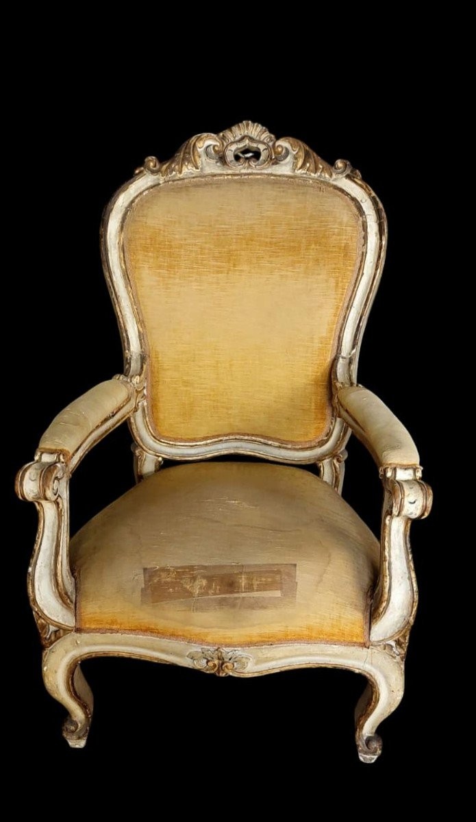 Fauteuil Sculpté En Bois, Laqué Antique Et Doré 19ème Siècle-photo-2
