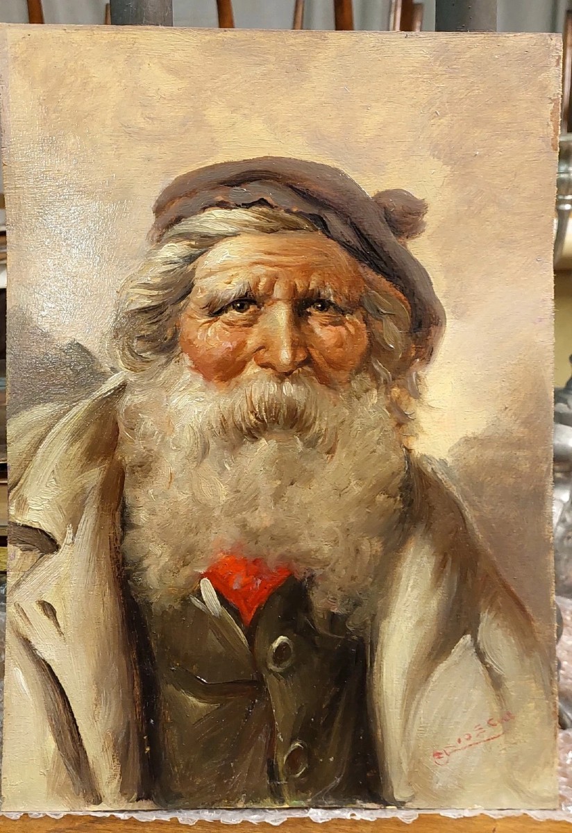 Oil Painting On Wood Portrait Of The Character Athos Renzo Brioschi 1910-2000