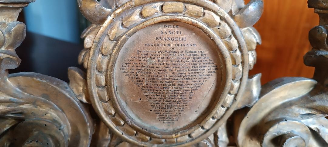 Antique Candle Holder With Gilded Wooden Altar Card, 18th Century-photo-1