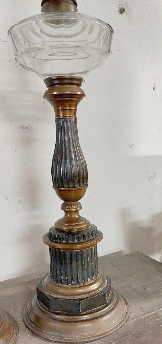 Paire De Lampes à Huile Anciennes En Métal Du 19ème Siècle Et Verre De Style Empire-photo-2