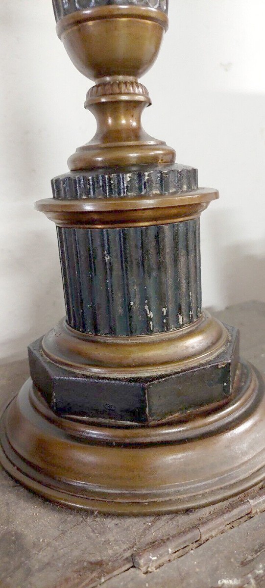 Paire De Lampes à Huile Anciennes En Métal Du 19ème Siècle Et Verre De Style Empire-photo-3