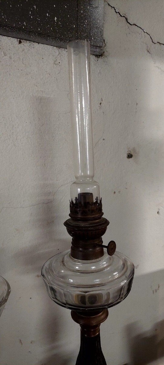 Paire De Lampes à Huile Anciennes En Métal Du 19ème Siècle Et Verre De Style Empire-photo-4