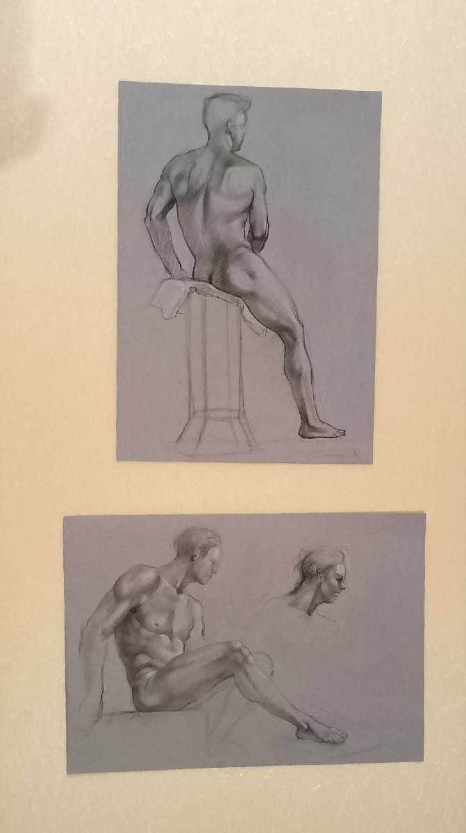 2 Pencil Drawings On Paper, Mid-20th Century - Male Nudes