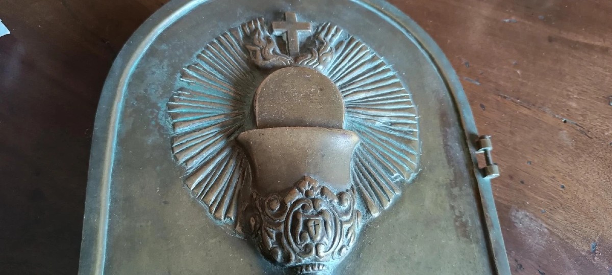 Porte antique en bronze massif, œuvre d'art sacré, IHS  - 3,2 kg-photo-3