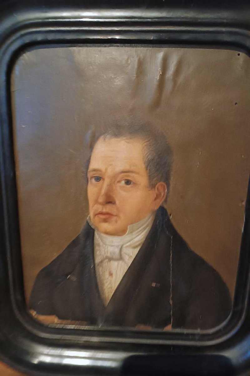 Antique Painting Early 19th Century Oil On Paper Portrait-photo-2