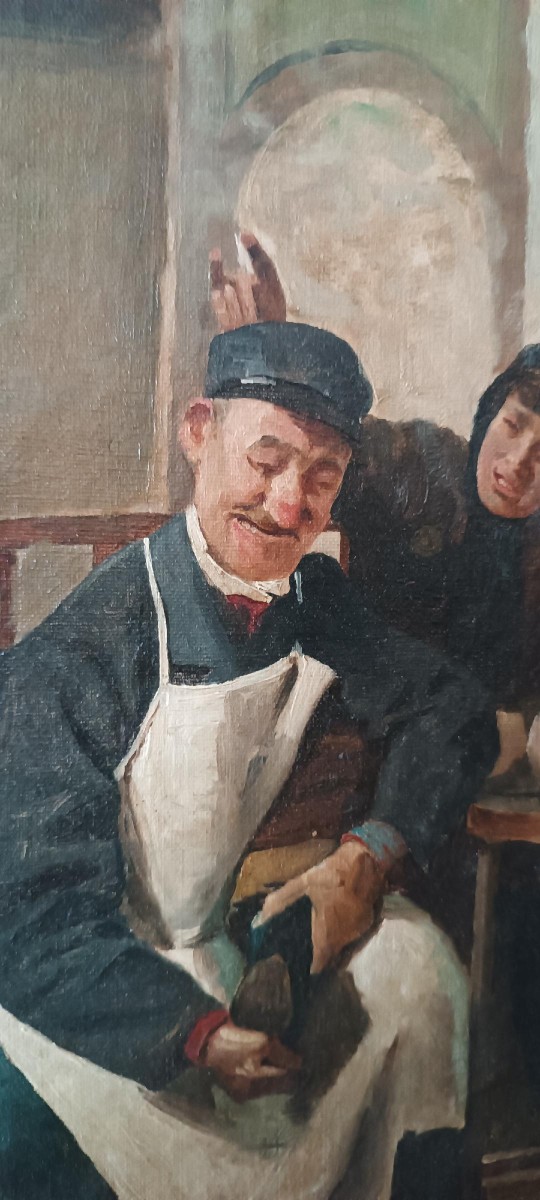 Ancient Painting 19th Century Italian School "the Cobbler"-photo-3