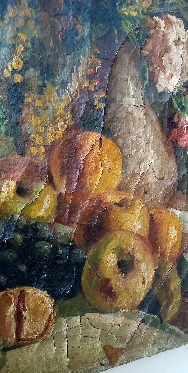 19th Century Oil Painting On Canvas Fruit Vase With Flowers-photo-3