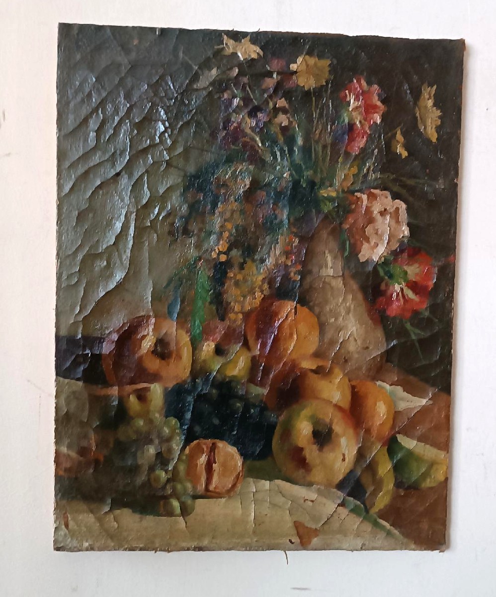 19th Century Oil Painting On Canvas Fruit Vase With Flowers