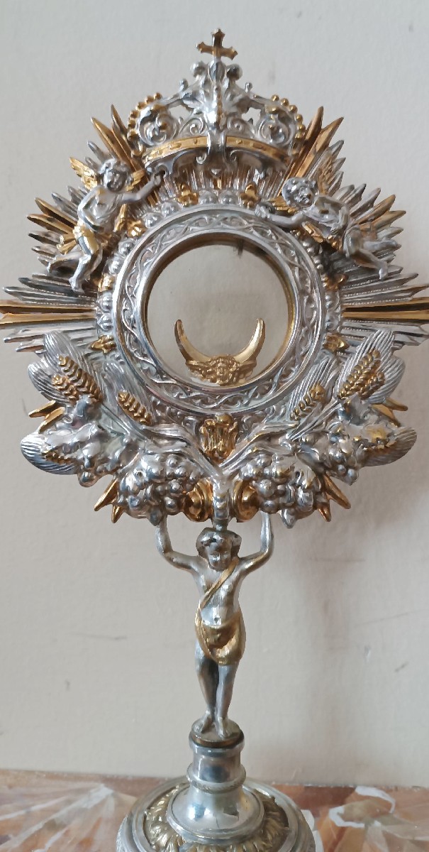 Silver-plated Metal Ray Monstrance From The Late 19th Century, Italian Manufacture-photo-3