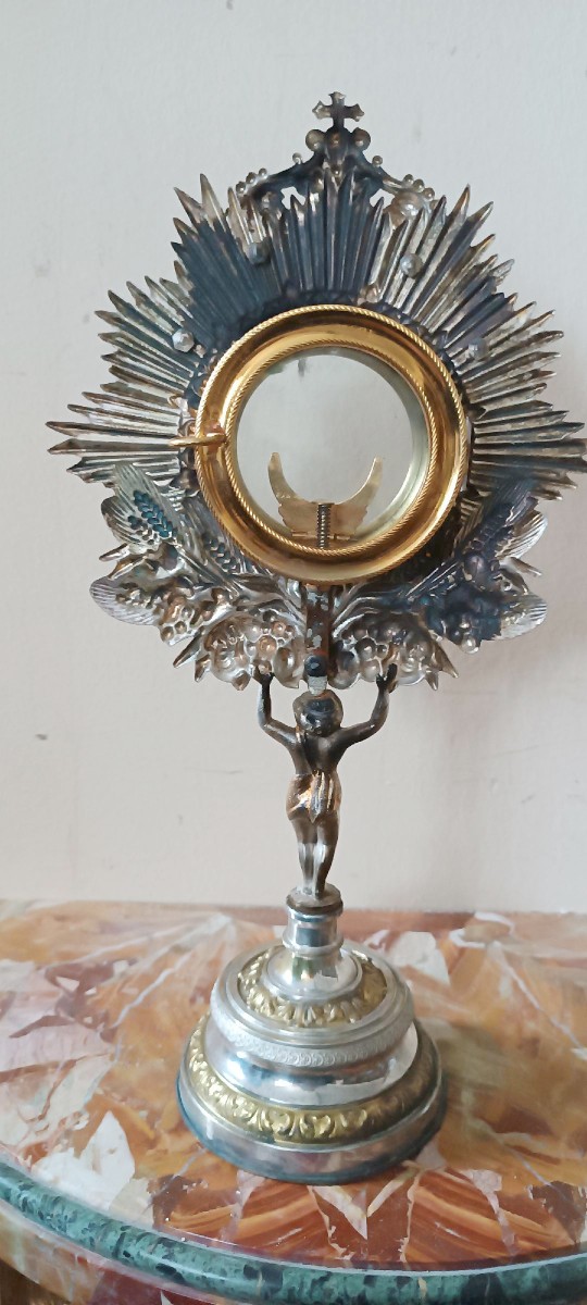 Silver-plated Metal Ray Monstrance From The Late 19th Century, Italian Manufacture-photo-5