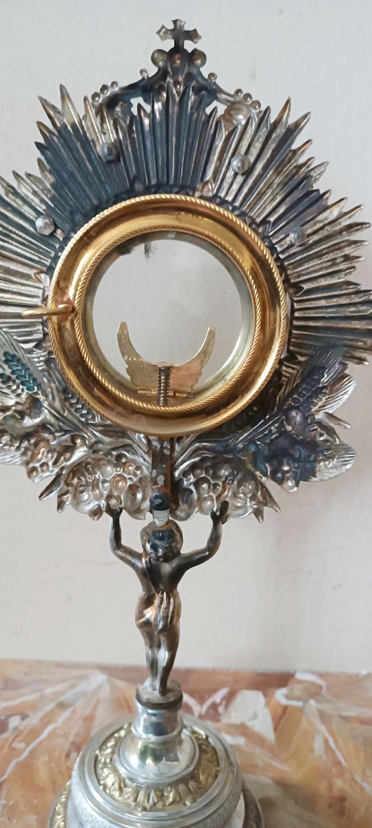 Silver-plated Metal Ray Monstrance From The Late 19th Century, Italian Manufacture-photo-6