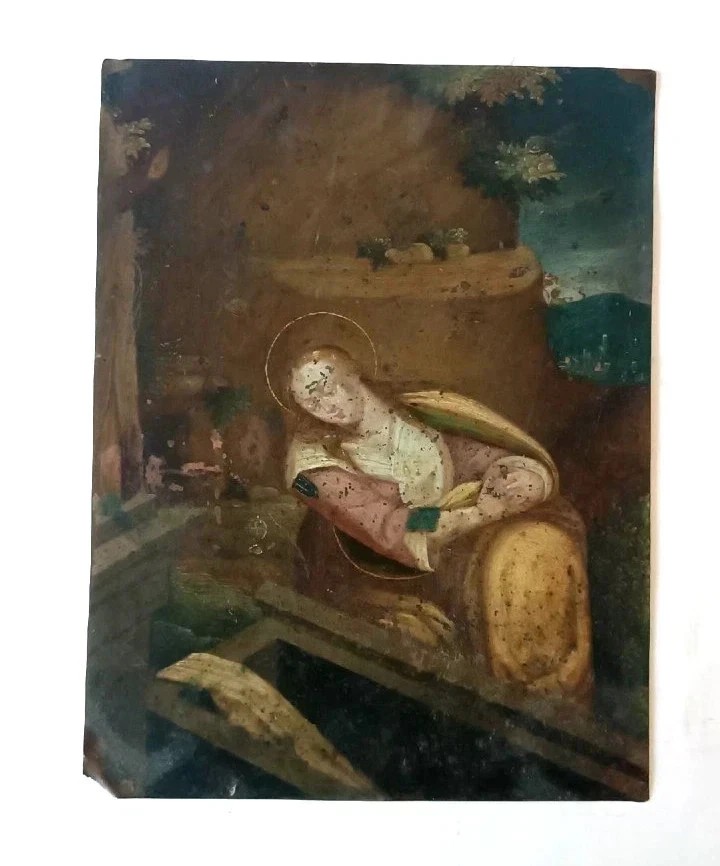 Peinture ancienne sur cuivre, école flamande, XVIIe siècle, représentant un saint