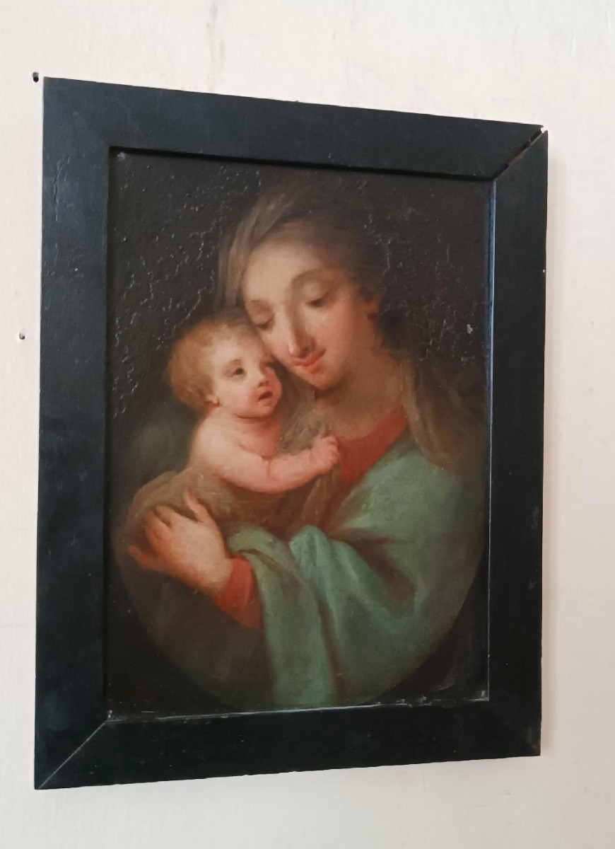 Peinture ancienne sur cuivre - Vierge à l'Enfant - École italienne