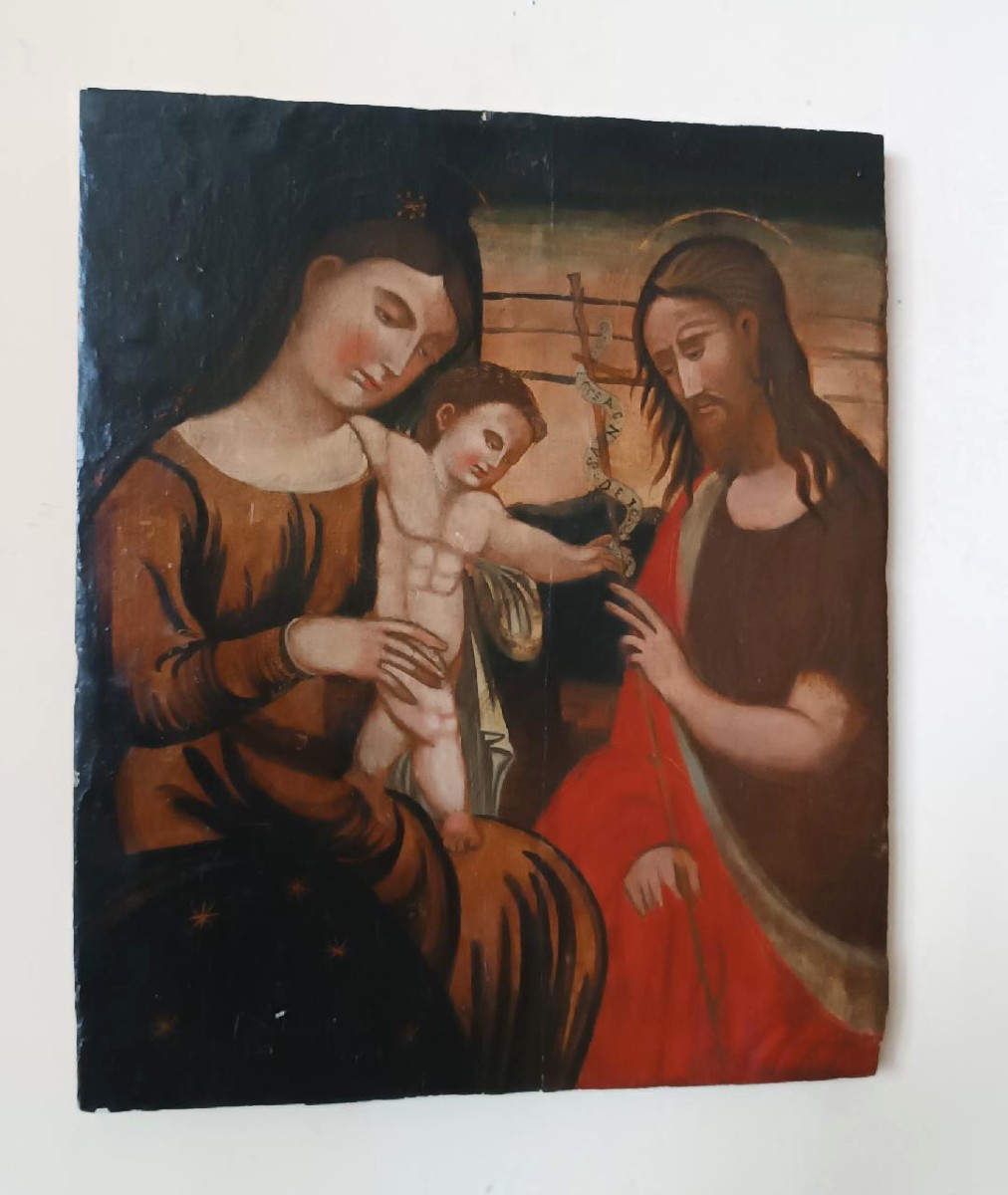 Panneau peint ancien - Sainte Famille - École vénitienne-crétoise, XVIe siècle