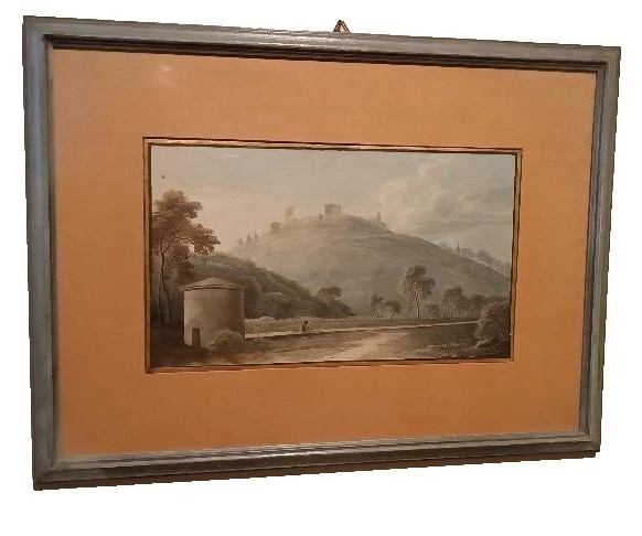 Six aquarelles anciennes sur papier du début du XIXe siècle – paysages avec aqueduc et pont-photo-2
