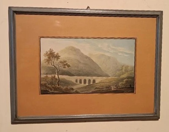 Six aquarelles anciennes sur papier du début du XIXe siècle – paysages avec aqueduc et pont-photo-3