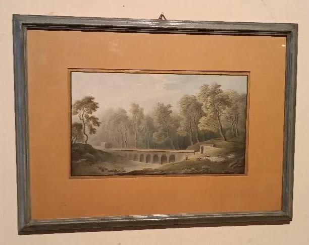 Six aquarelles anciennes sur papier du début du XIXe siècle – paysages avec aqueduc et pont-photo-4