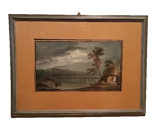 Six aquarelles anciennes sur papier du début du XIXe siècle – paysages avec aqueduc et pont-photo-3
