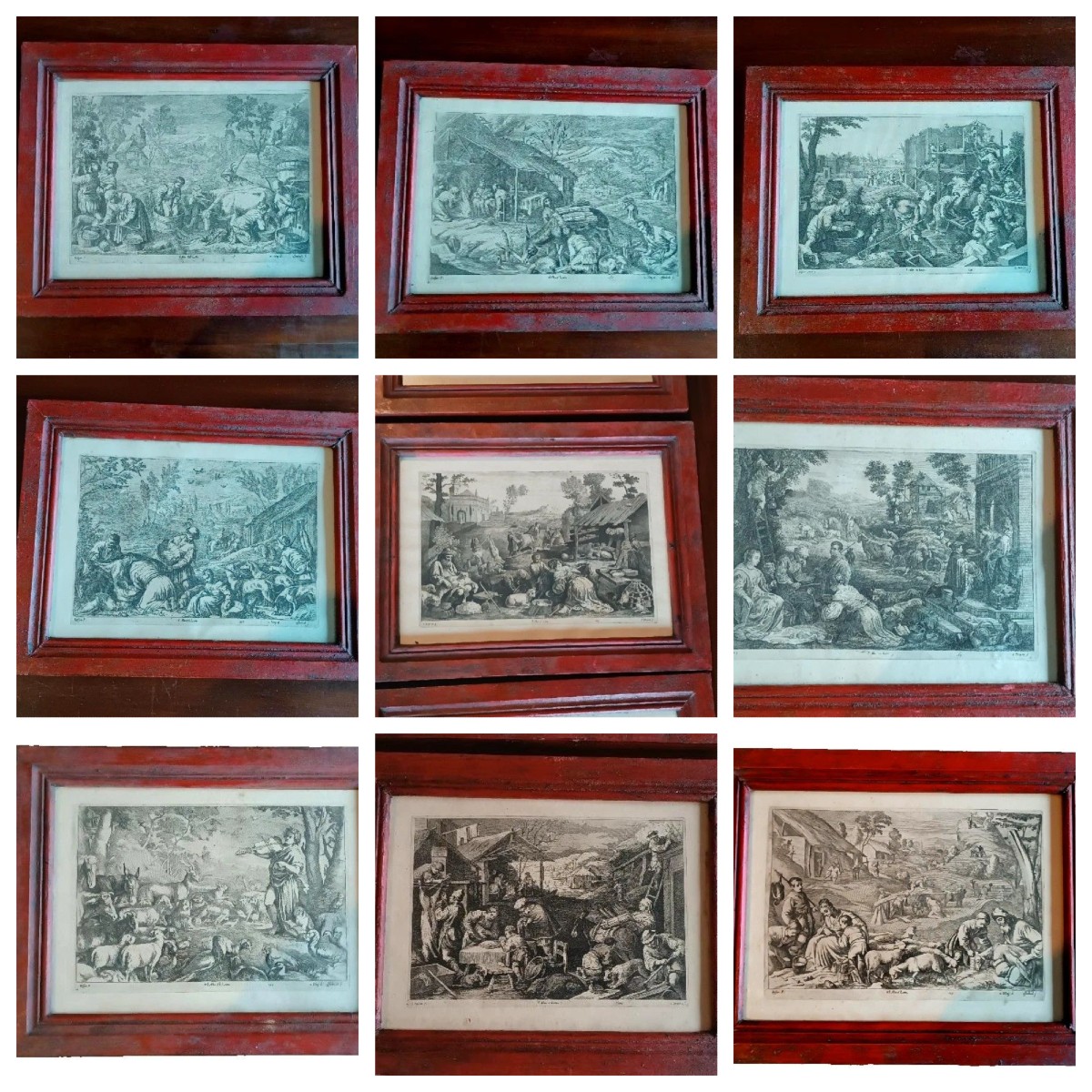 9 Antique Etchings - Landscapes, Pastoral Scenes - Bassano - Engraver Troyen - 1660