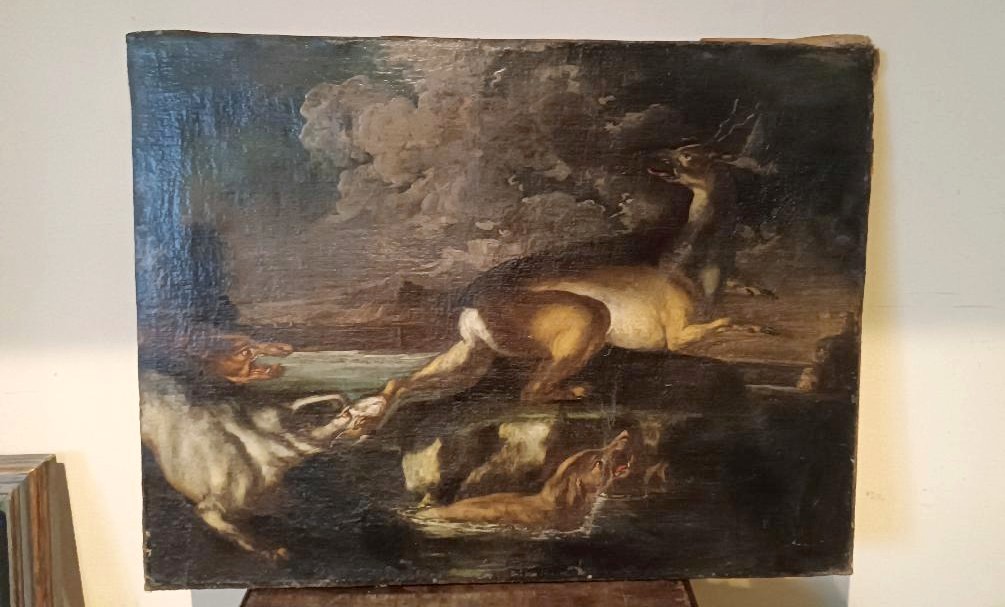 Hunting Scene - Ancient Painting 17th Century Flemish School 98x76 Cm-photo-2