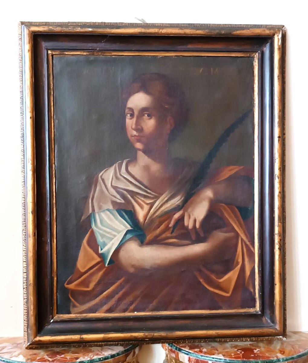 Huile sur toile ancienne - Sainte Agnès - École romaine, XVIIe siècle-photo-2