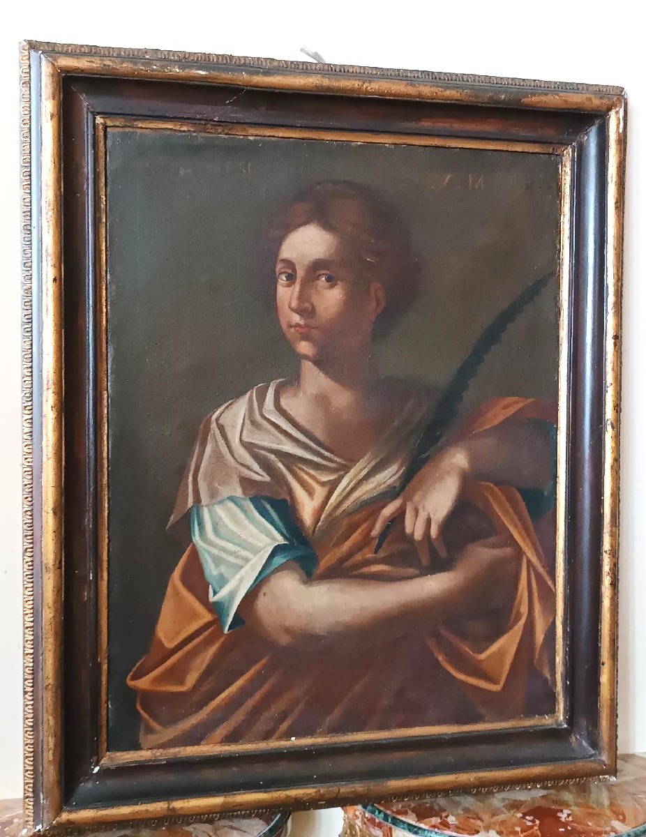 Huile sur toile ancienne - Sainte Agnès - École romaine, XVIIe siècle-photo-4