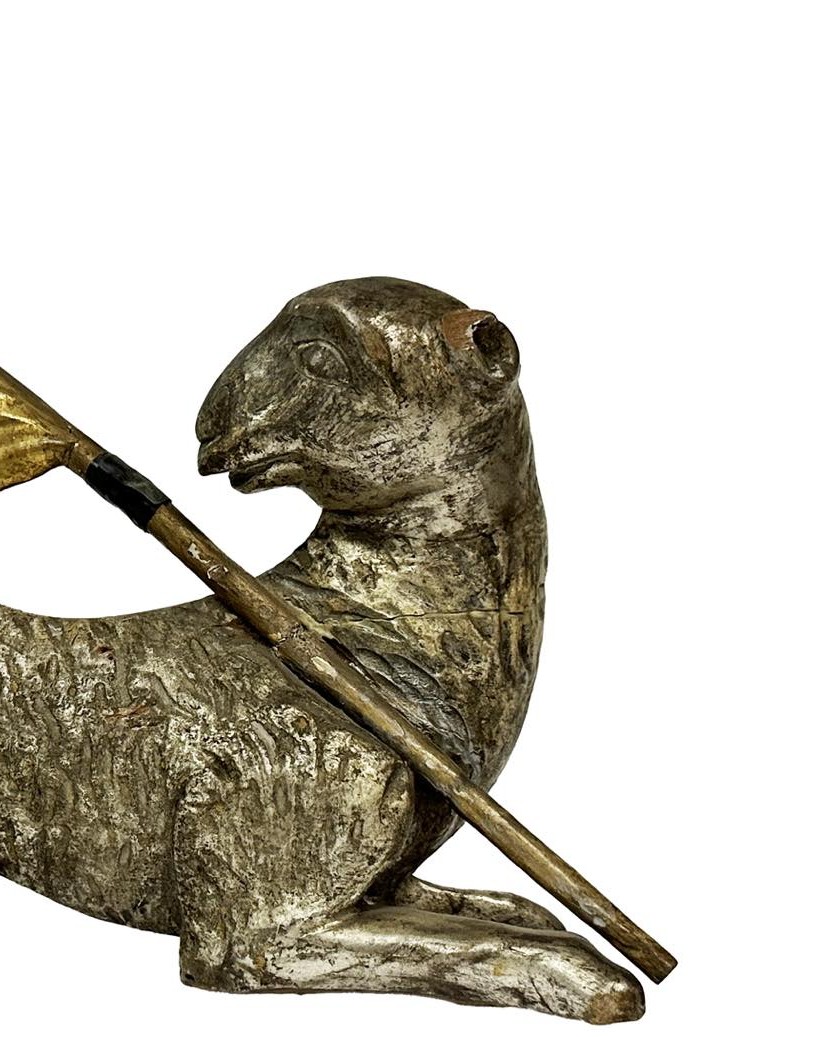Sculpture en bois sculpté, argent et doré, représentant l'Agnus Dei-photo-4