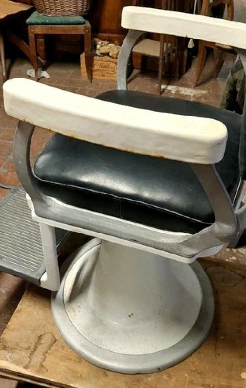 Antique Barber Chair From The 50s/60s (original) Vintage Aluminum Leather-photo-5