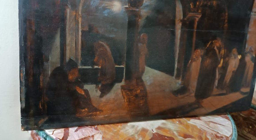 Tableau Ancien Grande Esquisse à l'Huile Sur Panneau Couvent Des Frères 19ème Siècle-photo-4
