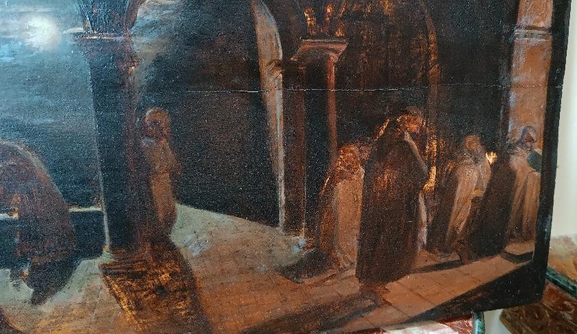 Tableau Ancien Grande Esquisse à l'Huile Sur Panneau Couvent Des Frères 19ème Siècle-photo-2