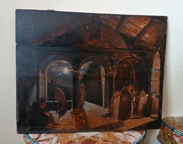 Tableau Ancien Grande Esquisse à l'Huile Sur Panneau Couvent Des Frères 19ème Siècle