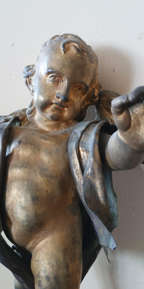 Sculpture antique en bronze doré, baroque, chérubin ailé-photo-4